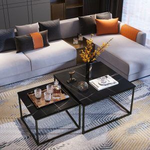 2 Modern Vein Coffee Nesting Table Set Side End Table Anti Scratch Marble Square for Living Room Bedroom Office, Black