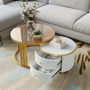 2 In 1 Nesting Coffee Table, Modern Round mdf Side Table with 1 Marble Effect and 1 Tempered Glass Top, 2 Drawers Coffee Table Combo for Living