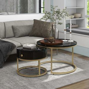 2 In 1 Nesting Coffee Table, Round mdf Side Table Set of 2, Coffee Tables with Drawer Gold Metal Frame Legs and Marble Effect, End Table for Living